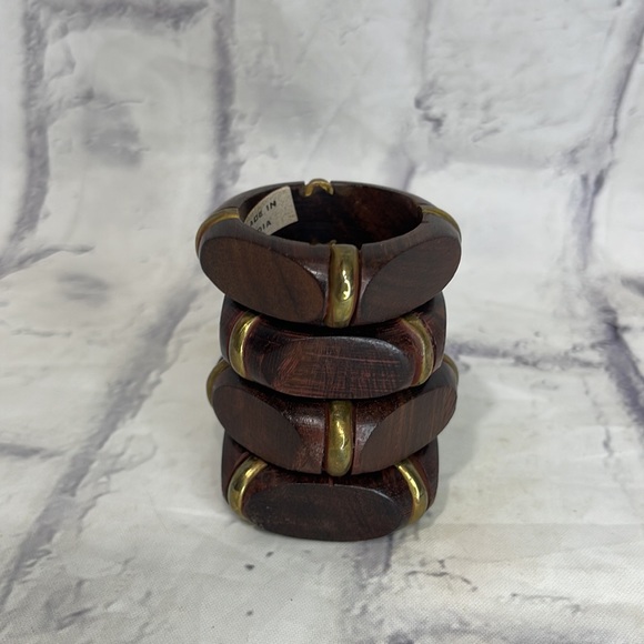 Polished Dark Wood and Brass Napkin Rings Bohemian Set of 4 Made in India - Picture 4 of 5